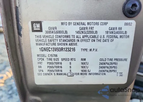 2003 Chevrolet Tahoe C1500 z USA, uszkodzony, nr VIN 1GNEC13V93R123216